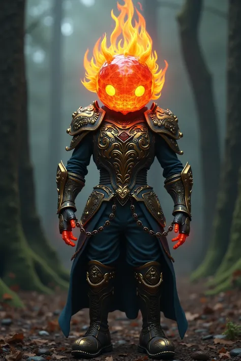 generate images of kawaii  character of (flame crystal head) zany scarecrow with a horror fantasy theme,(hands on hips:1.5), armor must be highly intricate military style, armor must be inspired by flame, elegant, and visually striking, highly detailed lea...