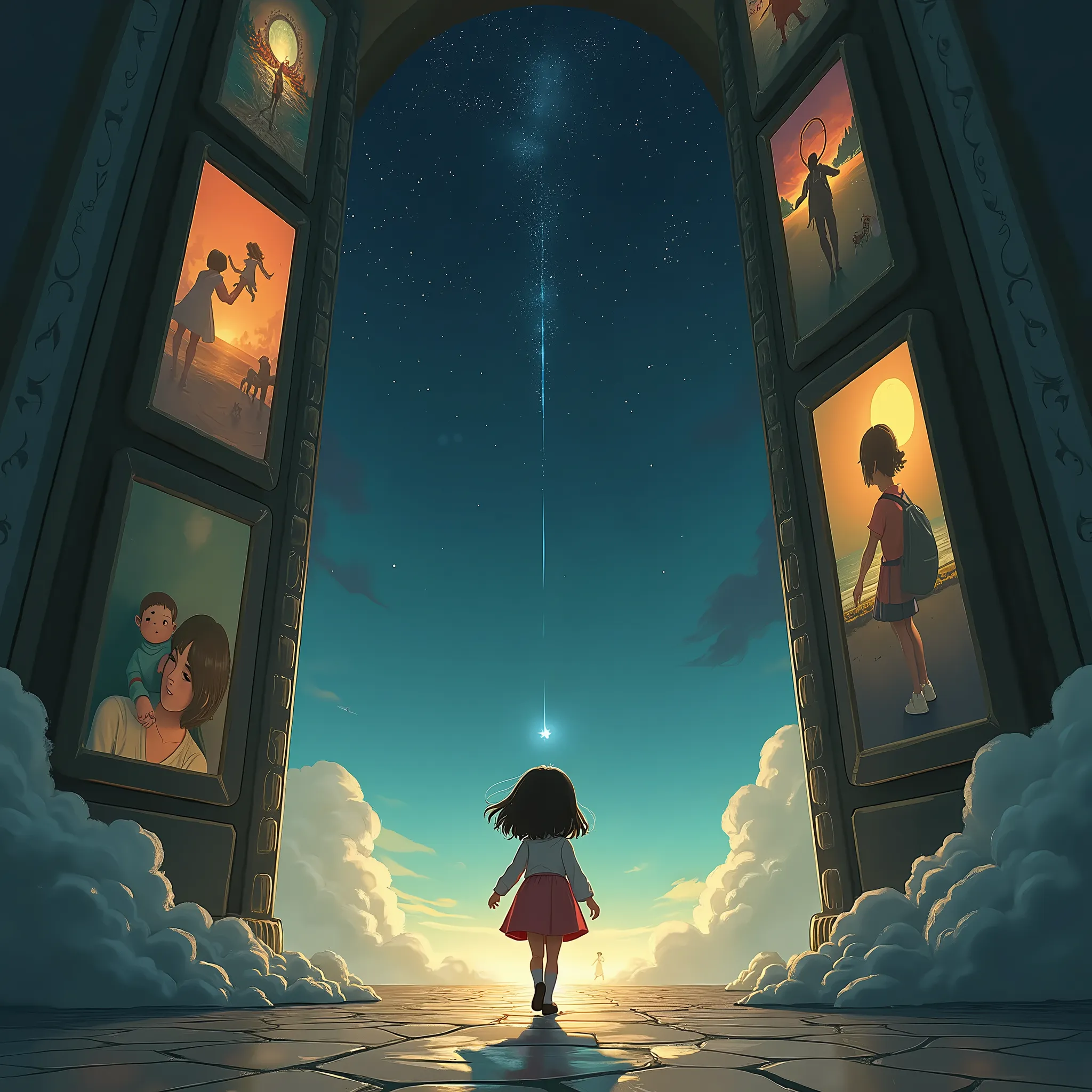 A small cute girl is walking toward the dark, space-like long portal toward the far end. and on both sides of the portal are large panels one by one, with very detailed images of all the moments of her happy times