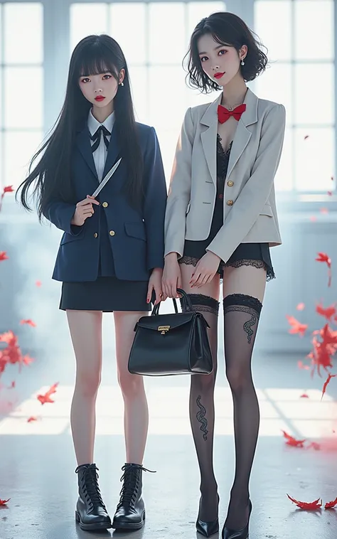 ( real photo :1.5), (( best quality)), ((masterpiece)), ( Detailed ),  Korean girl2명(25 years old,  Korean girl,high school uniform ,Blue Blazer , Clear and white face, Red eyes, Long hair,  perm hair,V characters , Look straight ahead ) Korean girl2명은 스튜디...