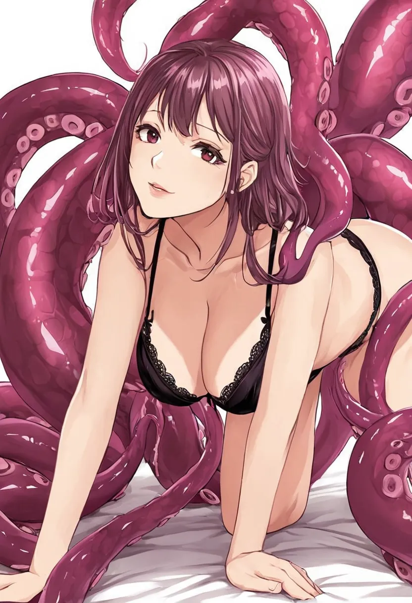 japanese、woman、big boobs with bra、 and are put on all fours, and tentacles are inserted into the pussy from behind、women are pan...