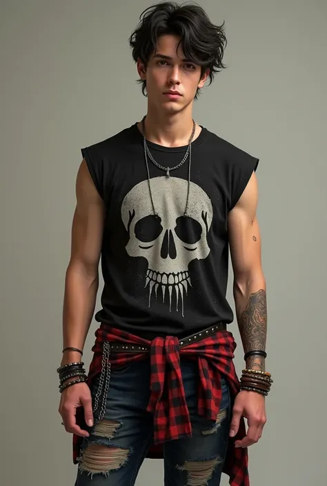  A young man dressed in an alternative and rude look from principles from the 2000s ,  inspired by the punk and grunge style .  Wear a black sleeveless t-shirt with a skull print or a worn logo . on,  he wears a flannel shirt in dark tones such as red and ...