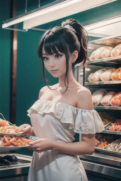 a young asian woman poses in front of a seafood stall, illuminated by soft golden lighting that accentuates her features. she st...