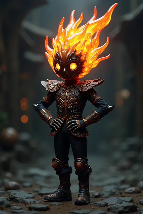 generate images of kawaii  character of (flame crystal head) zany scarecrow with a horror fantasy theme,(hands on hips:1.5), armor must be highly intricate gothic style, armor must be inspired by flame, elegant, and visually striking, highly detailed leath...