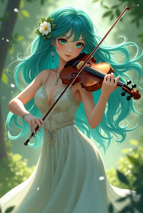 Beautiful girl with turquoise green eyes long turquoise green and wavy hair , bohemian dress,  playing a violin and astonishing viewers full body anime style 