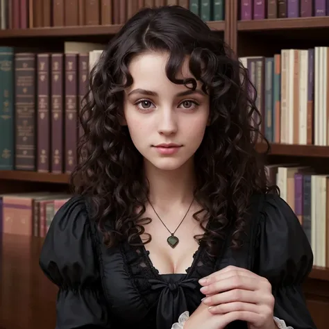 Young lady, cute, large library table, Victorian dress, black and violet dress, dark brown hair, curly hair, skin texture, uhd, studying, peaceful, reading room , cloudy weather, long hair, no makeup, no jewelry, From Below, Cinematography, writing, founta...