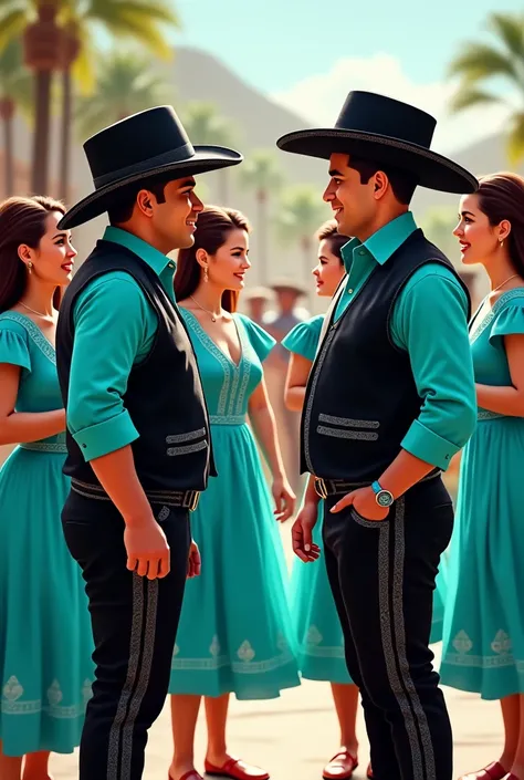 Of young Bolivians cochalos with vest pants shoe tie full black color 
and turquoise shirt with female couples in turquoise dress formed in a row 
