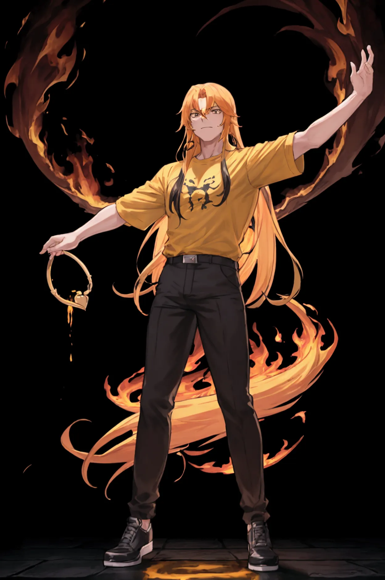 a cartoon drawing of a man with long hair and a yellow shirt, fire!!  full body , el fondo está en fire, al estilo de sifu 🔥 😎 🕹...