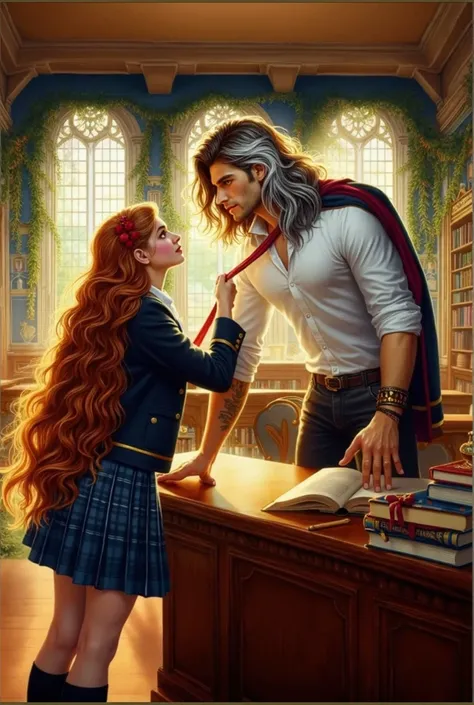 EXTREMALLY DETAILED Hyperrealistic photorealistic art for a emotional book cover.full-length strong handsome-prince-student WITH LONGWHITEHAIR PRESSING long-REDhair beautiful 20-year woman-studen, dressed in school uniform, near ACADEMY DESK IN MAGIC SCHOO...