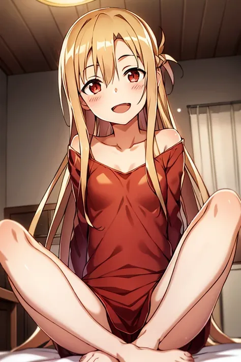 ((Best Quality)), ((masterpiece)), (be familiar with),  perfect face, indoor, bedroom,  watching viewers ,
One woman, Yuuki Asuna,
 characters with open mouth ,  ecstatic expression, blush, smile,
Small breasts,  flat chest, , ,  kids, Girl,
Long Hair,  lo...