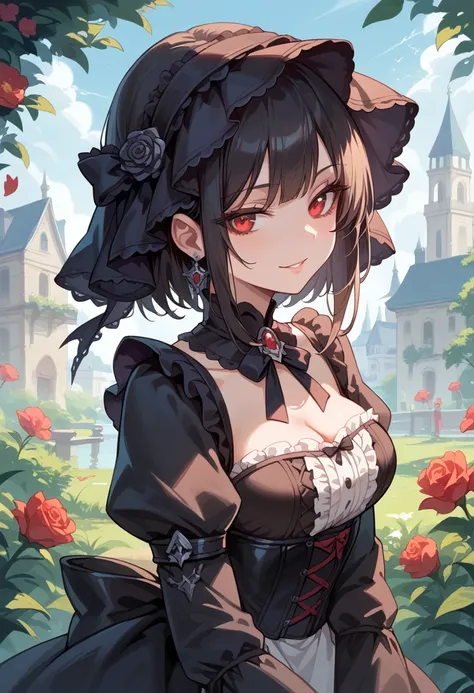 masterpiece, best quality, score_9, score_8_up, girl, seductive smile, fantasy, outdoor, gothic lolita,