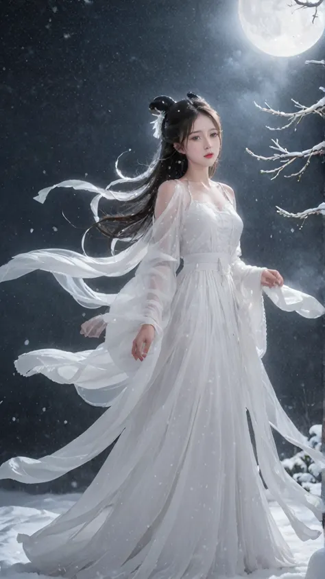 floating in the snow at midnight、 please draw a ghostly snow girl .。 to highlight her fair, clear skin and cold gaze、 add some f...