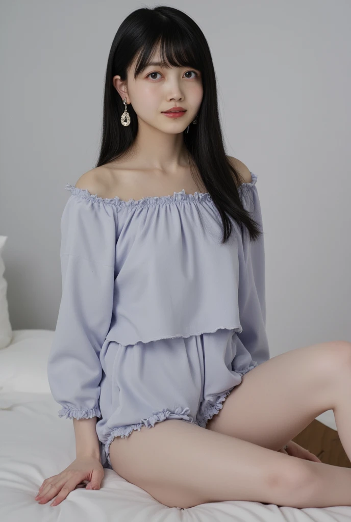 Full body shot from the front、Wear off-the-shoulder mini one-piece pajamas, bend your knees, spread your legs, take a cross-legged pose, and sit while looking at me, Slender bare legs 、smile、The background is a monotone 

