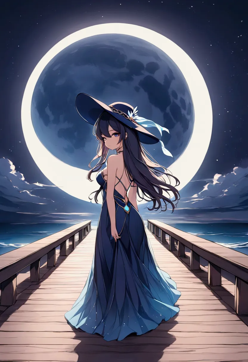 an arab girl in a long dress and hat walks on the pier at night,  digital art by cyril rolando,  pixabay contest winners ,  digi...