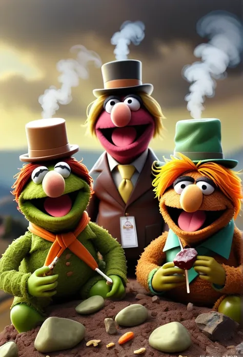 create three muppets with the design of a mebrillo candy, the three of them sitting smoking marijuana on a hill. , that the mupp...