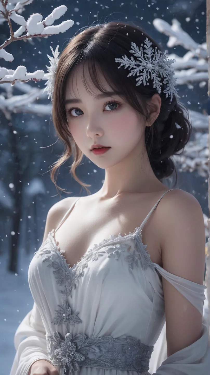 floating in the snow at midnight、 please draw a ghostly snow girl .。 to highlight her fair, clear skin and cold gaze、 add some f...