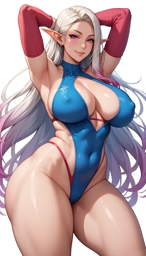 1fw.stentrem,(((mature age))), elf, very long hair, gradient hair, very erotic smirk on her face, wide hips, thick thighs, big round ass, huge natural Hitomi Tanaka breasts, covered nipples, wearing a swimsuit, location is fully white space, no background ...