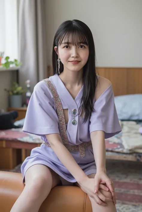 Full body shot from the front、Wear off-the-shoulder mini one-piece pajamas, bend your knees, spread your legs, take a cross-legged pose, and sit while looking at me, Slender bare legs 、smile、The background is a monotone 

