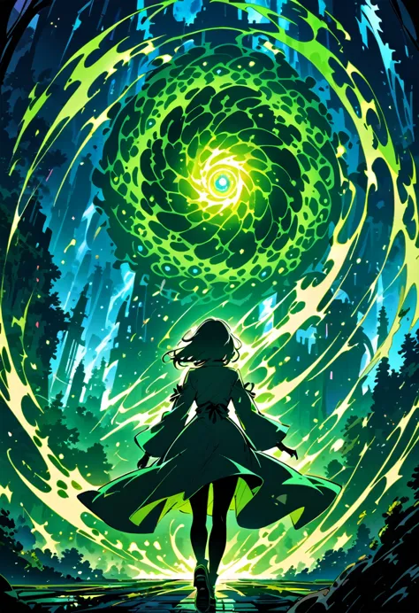 green theme,portal,many eyes, light ray, god ray, 1girl , walking, from behind, ass, swirling sky,