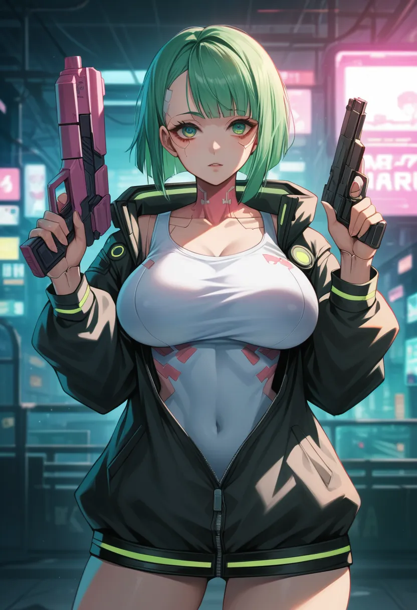 a woman with green eyes and a black jacket holding a gun, cyberpunk anime art, chica anime cyberpunk, best anime 4k konachan wal...