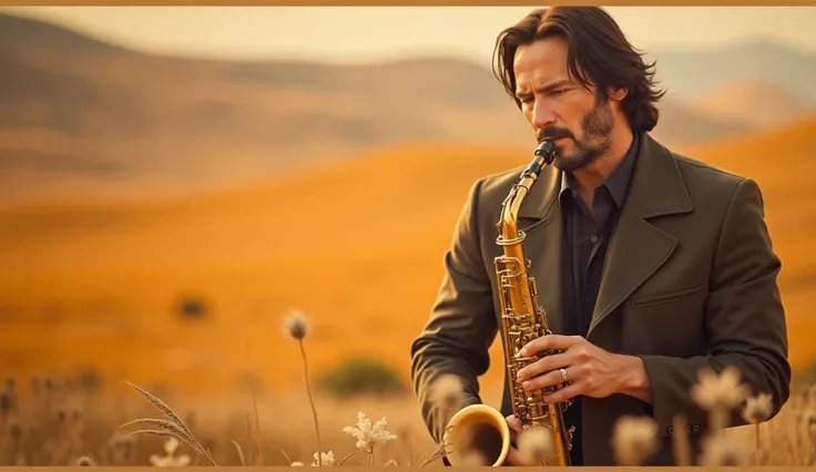 Keanu Reeves playing saxophone in the field, warm tones, static shot, combat suit, pistol on belt, white and black grass, cinematic colors, soft sunset, lush greenery
