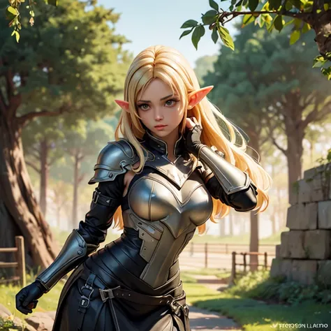 (photorealism:1.2), beautiful elven woman, wearing leather armor, long blondehair, outdoors, soft lighting, plants in background, standing pose, realistic, intricate details, warm colors