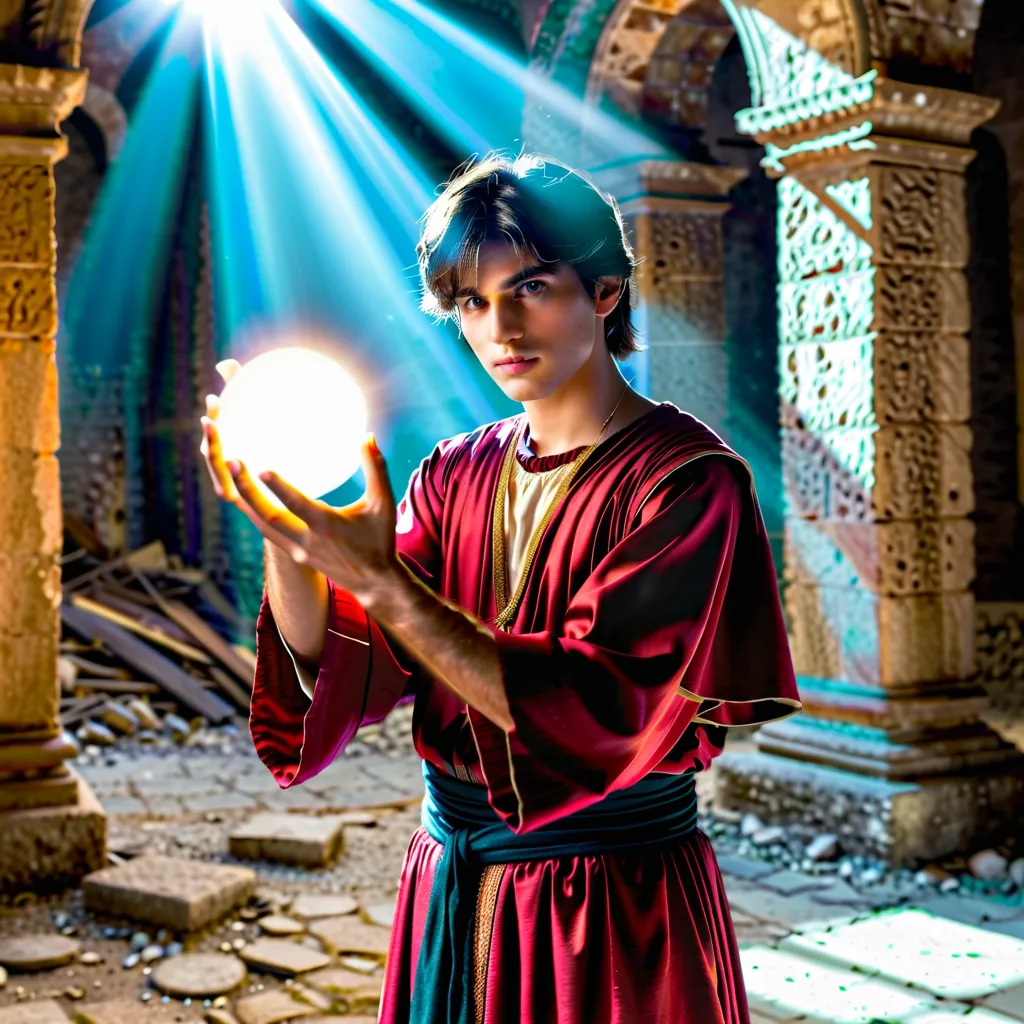 young sorcerer with ball of light in hand floating and shining,  in the ruins