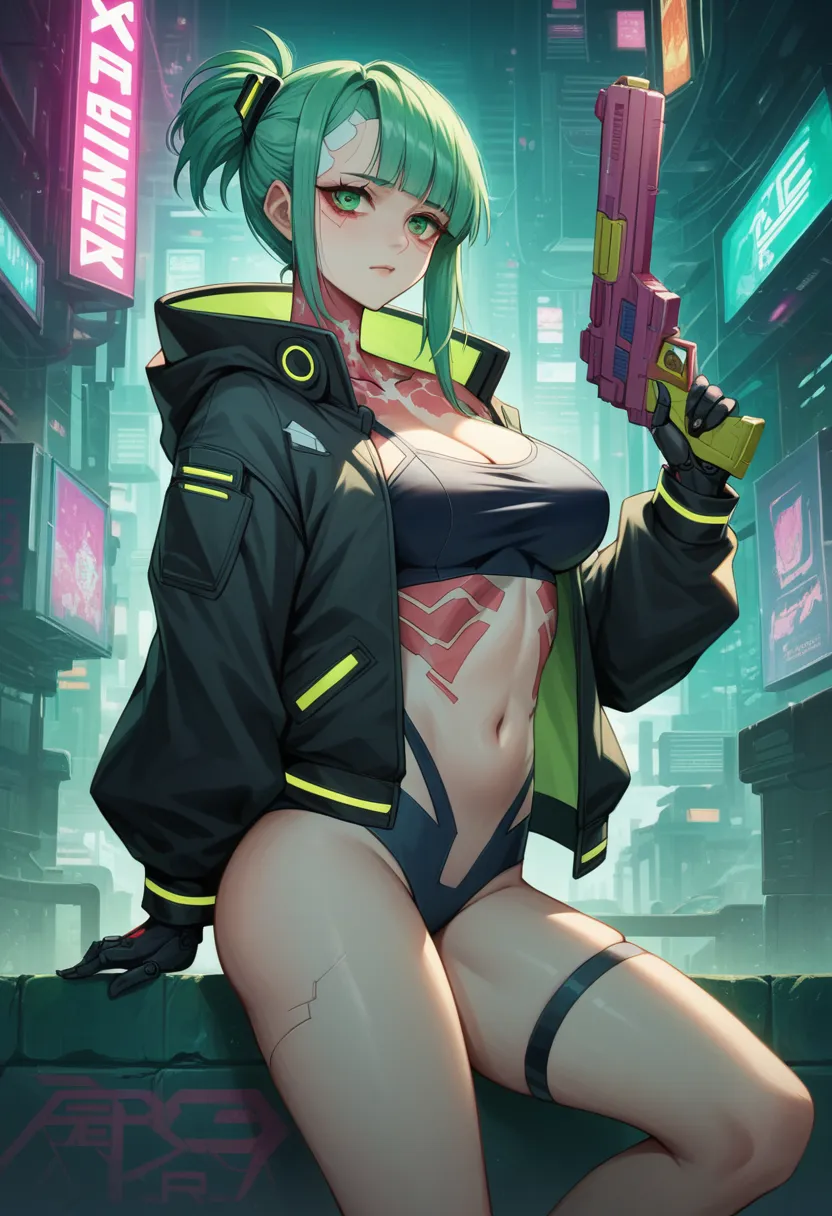 a woman with green eyes and a black jacket holding a gun, cyberpunk anime art, chica anime cyberpunk, best anime 4k konachan wal...