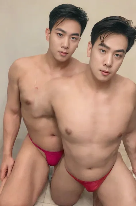 best quality, ultra high res, photo,realistic, detailed background,(red thong:1.5) ,swollen nipples , puffy nipple,black hair,age 30,perfect face, super handsome face, perfect face, clean face,black hair,(expression of suffering:1.4) ,(cum dripping out of:...