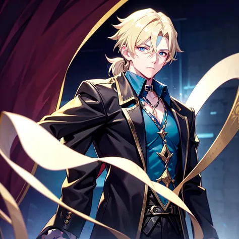 Anime attractive man, 20 year old, blonde hair, very very short ponytail, tall, muscular, solo, one person, dark blue high-collared dress shirt with rolled up sleeves, black choker, dark blazer with gold lining and buttons unbuttoned with rolled up sleeves...