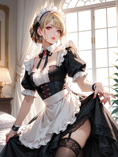 score_9, score_8_up, score_7_up, elegant woman, black and white victorian maid outfit, red eyes, blonde hair, soft light, high d...