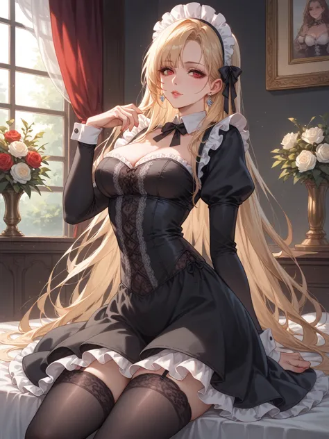 score_9, score_8_up, score_7_up, elegant woman, black and white victorian maid outfit, red eyes, blonde hair, soft light, high d...