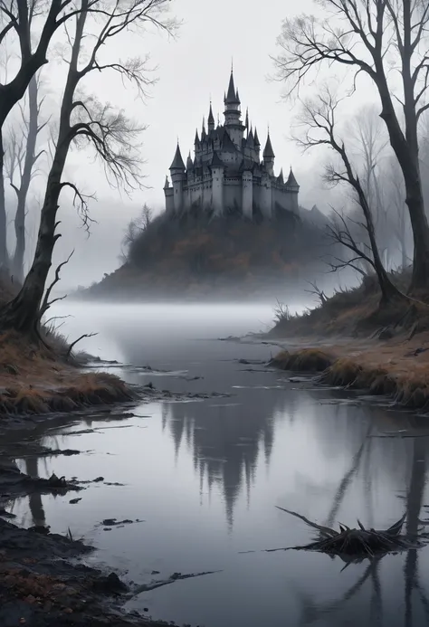 masterpiece, best quality, 8k, highres, ultra-detailed, (realistic:1.37), (photorealistic:1.37), HDR, UHD, studio lighting, ultra-fine painting, dark gothic,no human,illustration, foggy lakeside, dark swamp, black water, distant castle silhouette, barren t...