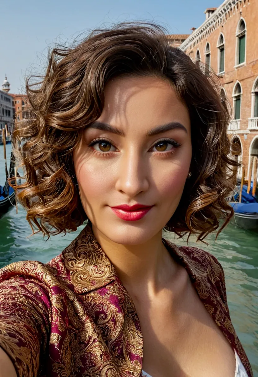 photo d&#39;a beautiful italian woman in venice, short wavy river hair taking a selfie