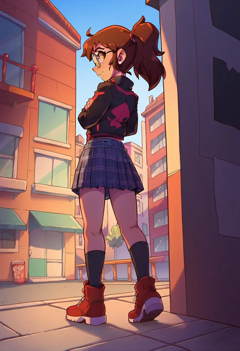 1girl, margo, brown hair, ponytail, jacket, glasses, plaid skirt, looking back rche, alter-ego dancing erotically on the buildin...