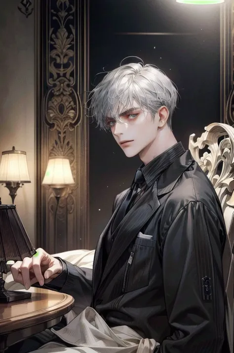 Suave, anime-style male character in a side-profile pose, radiating the aura of a sophisticated mafia boss. His silver hair is styled in messy, wavy layers that add volume, with a few strands falling over his intense, narrowed eyes, which gaze forward with...