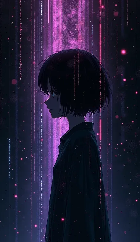  A dark and enigmatic wallpaper inspired by the anime Serial Experiments Lain ,  with a dark background and glitch textures ,  such as digital interferences and distorted pixels .  Binary code elements and Japanese texts appear in soft shades of purple,  p...