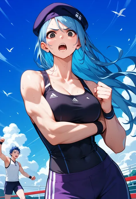 masterpiece, best quality, detailed eyes, cowboy shot: In a cold-toned gym filled with workout equipment, a young woman with long, straight, sky-blue hair, wearing a light purple beret and a purple tracksuit, is visibly exhausted and sweating, struggling w...