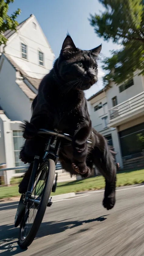 side shot, action photo, animal scared black fluffy cat rides a bicycle,(Motion blur:1.5), wind, pursuit, bottom view, wide angle, 8k, F2.8, RAW Photo, ultra detailed, 