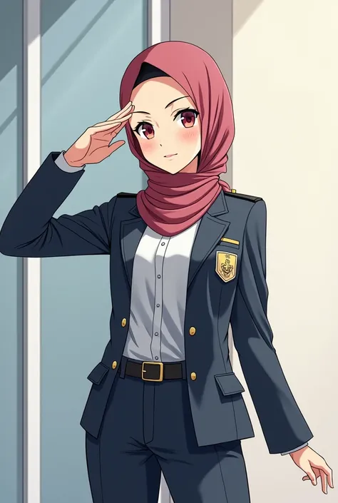 Anime version of Security guard hijabi with salute gesture looking at front