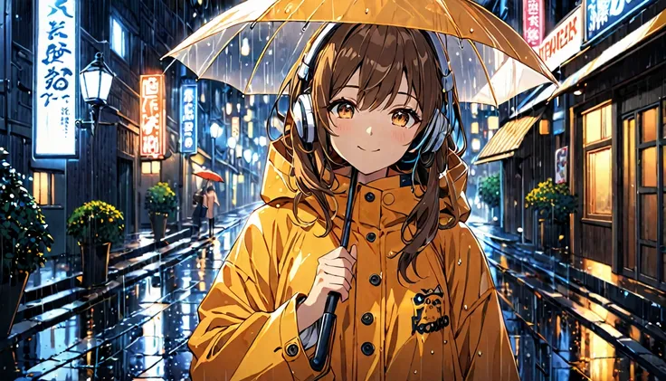 background： Sidewalk lit by street lights after the rain。  
expression： Smiling quietly 、 Appearing calm 。  
Costume： Raincoat and umbrella 。  
Pose：Holding an umbrella in one hand 、 Walking while staring ahead 。  
scene： Walking through a quiet street at ...