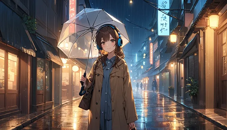 background： Sidewalk lit by street lights after the rain。  
expression： Smiling quietly 、 Appearing calm 。  
Costume： Raincoat and umbrella 。  
Pose：Holding an umbrella in one hand 、 Walking while staring ahead 。  
scene： Walking through a quiet street at ...