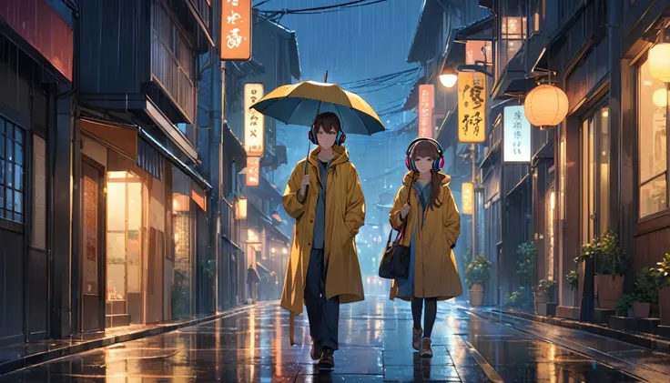 background： Sidewalk lit by street lights after the rain。  
expression： Smiling quietly 、 Appearing calm 。  
Costume： Raincoat and umbrella 。  
Pose：Holding an umbrella in one hand 、 Walking while staring ahead 。  
scene： Walking through a quiet street at ...