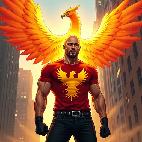 The image features a bald man with a slight goatee standing confidently in the foreground. He is dressed in a fitted, bright red T-shirt emblazoned with a large, bold yellow phoenix emblem in the center of his chest. His stance is relaxed yet powerful, wit...