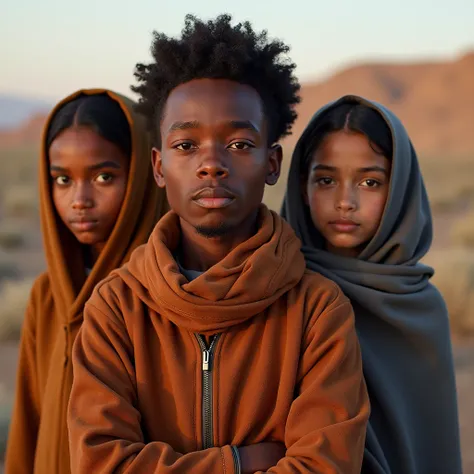 Raheem’s courageous and confident look reassures his friends. His steady gaze and determined stance inspire Ali and Fatima to join him despite their fear. The trio stand together, their unity captured in this moment of resolve."
