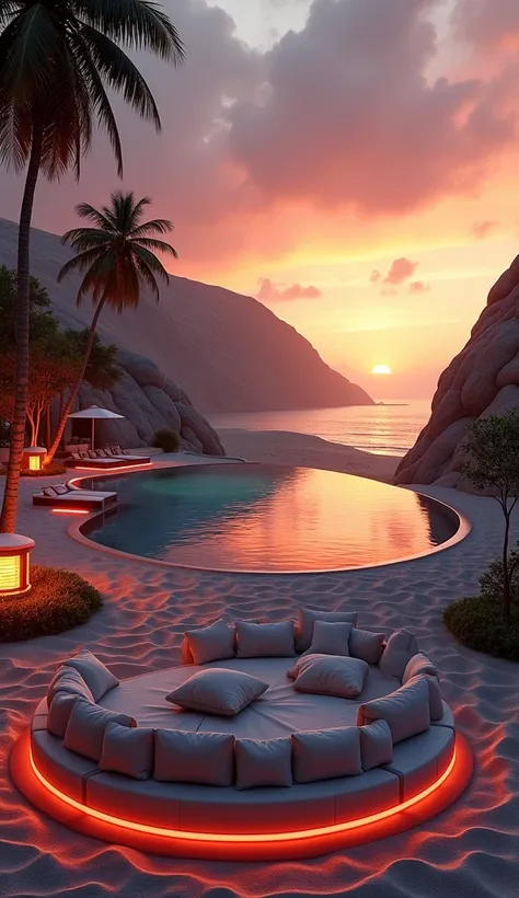 (photorealism:1.2), A realistic, ultra-modern beachside lounge area at sunset, featuring cozy circular seating with plush cushions and blankets, softly lit by neon lights in shades of red and black. The lounge area overlooks a serene infinity pool that sea...