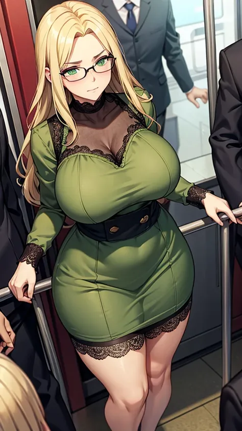 adult woman milf, blonde hair and slightly disheveled ,  green eyes, wears glasses,  she wears a knee-length dress with long sleeves with lace fitted to the waist and with a moderate V-neck,  blushed and nervous expression , huge breasts,  huge thighs ,  b...