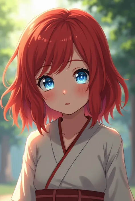  Female character in the world of Naruto, Baby, Shoulder-length red wavy short hair, with crystal blue eyes 