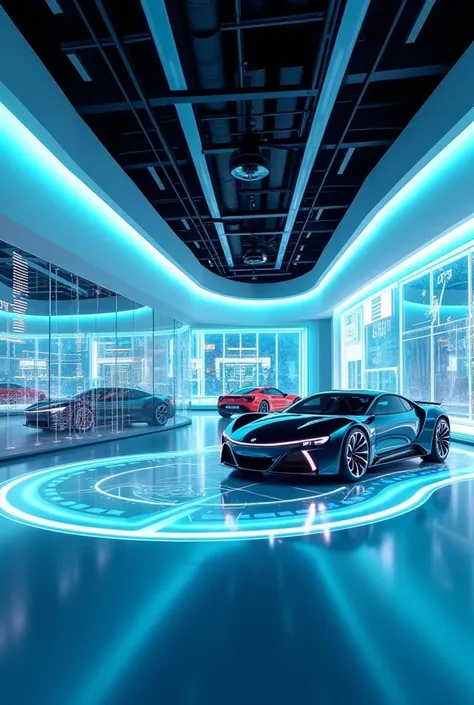 Futuristic car showroom with interactive screens
