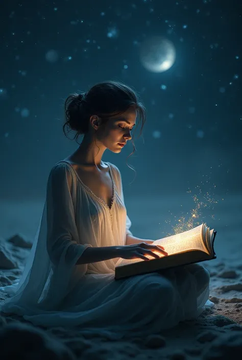 Generate the profile of a woman watching from outer space sitting reading a book of magic
