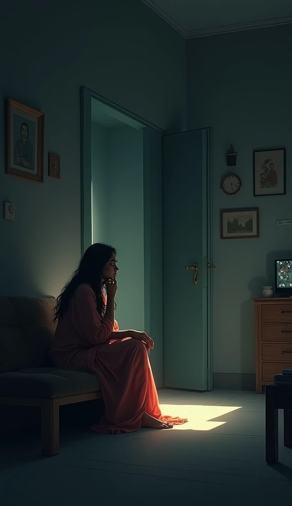 "Seema sitting in a sparsely decorated room, observing her new surroundings. The lighting is dim, and shadows are cast on the walls, giving the house an unsettling atmosphere."indian culture night time.